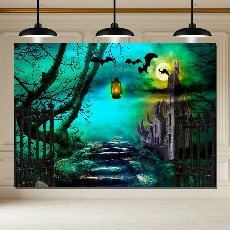 Layoris Spooky Green Sky With Bats Halloween Backdrop