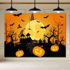 Layoris Bat Moon Pumpkin Orange Halloween Party Backdrop