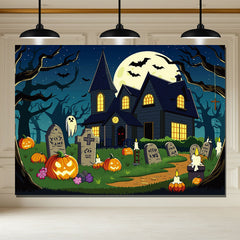 Layoris Cartoon Castle Pumpkin Moon Halloween Backdrop