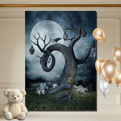 Layoris Spooky Bare Tree Skull Moon Halloween Backdrop