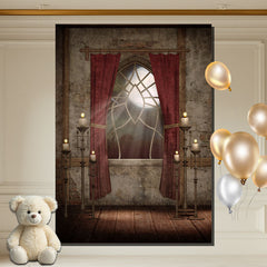 Layoris Retro Old Window Red Curtain Halloween Backdrop
