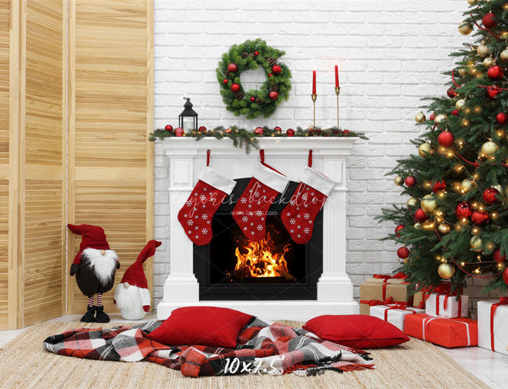 White Brick Wall Fireplace Christmas Backdrop - Layoris