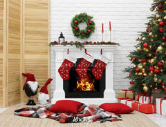 White Brick Wall Fireplace Christmas Backdrop - Layoris
