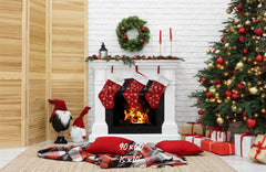 White Brick Wall Fireplace Christmas Backdrop - Layoris