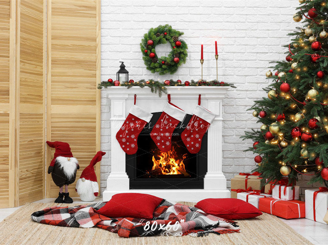White Brick Wall Fireplace Christmas Backdrop - Layoris