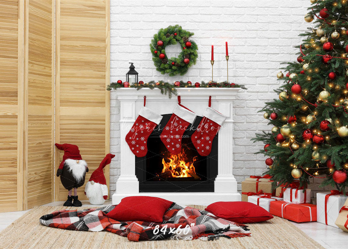 White Brick Wall Fireplace Christmas Backdrop - Layoris