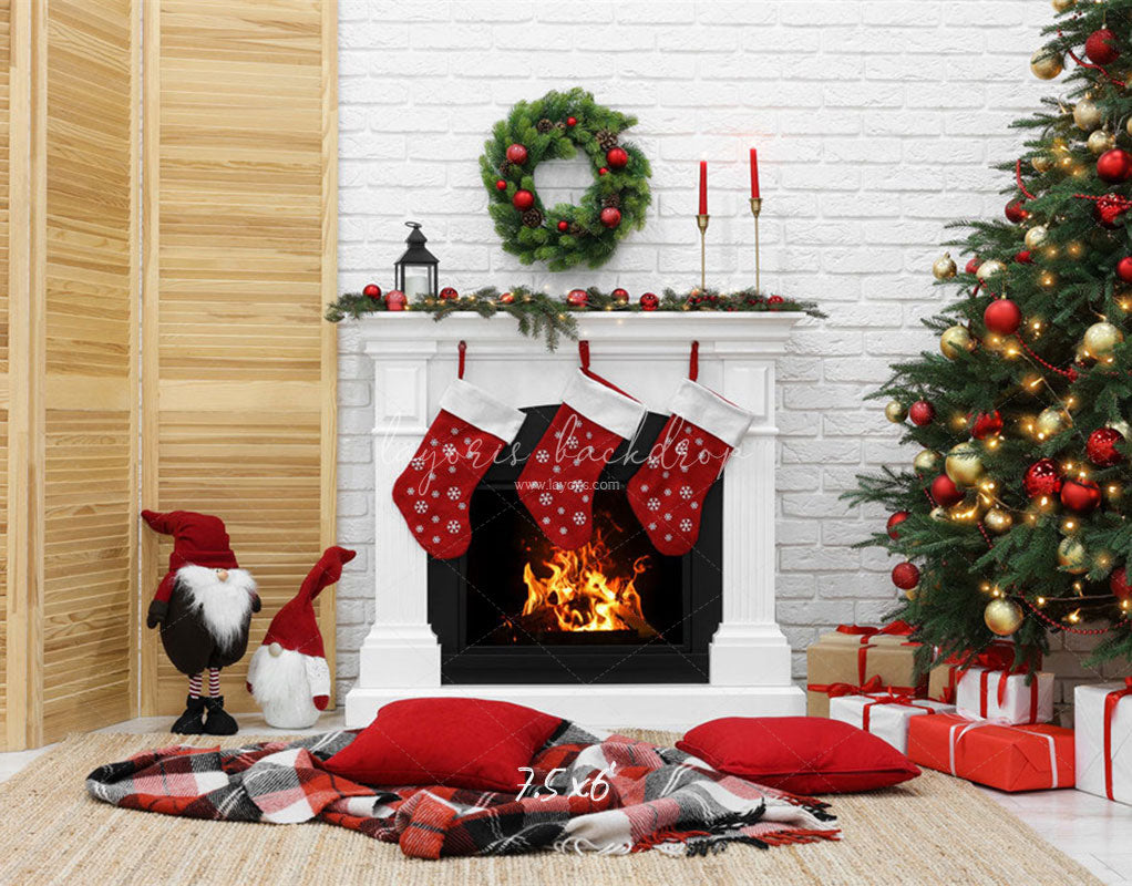 White Brick Wall Fireplace Christmas Backdrop - Layoris