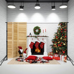 Layoris White Brick Wall Fireplace Christmas Backdrop