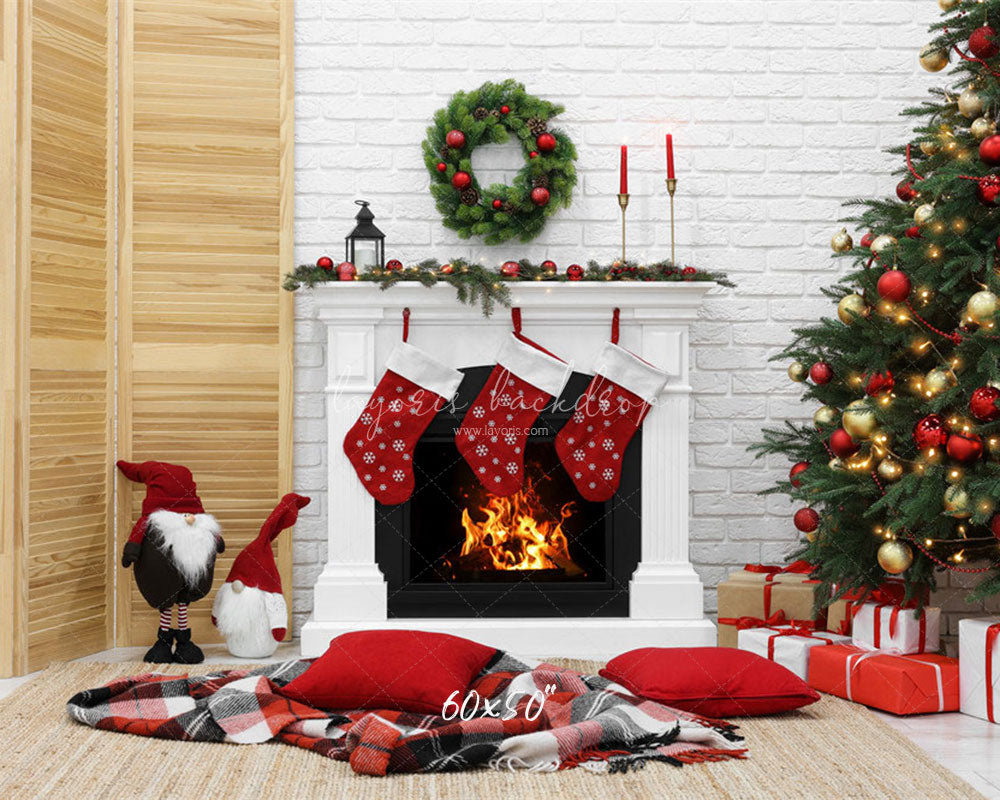 White Brick Wall Fireplace Christmas Backdrop - Layoris
