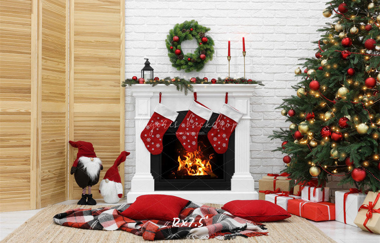 White Brick Wall Fireplace Christmas Backdrop - Layoris