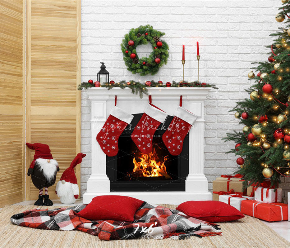 White Brick Wall Fireplace Christmas Backdrop - Layoris