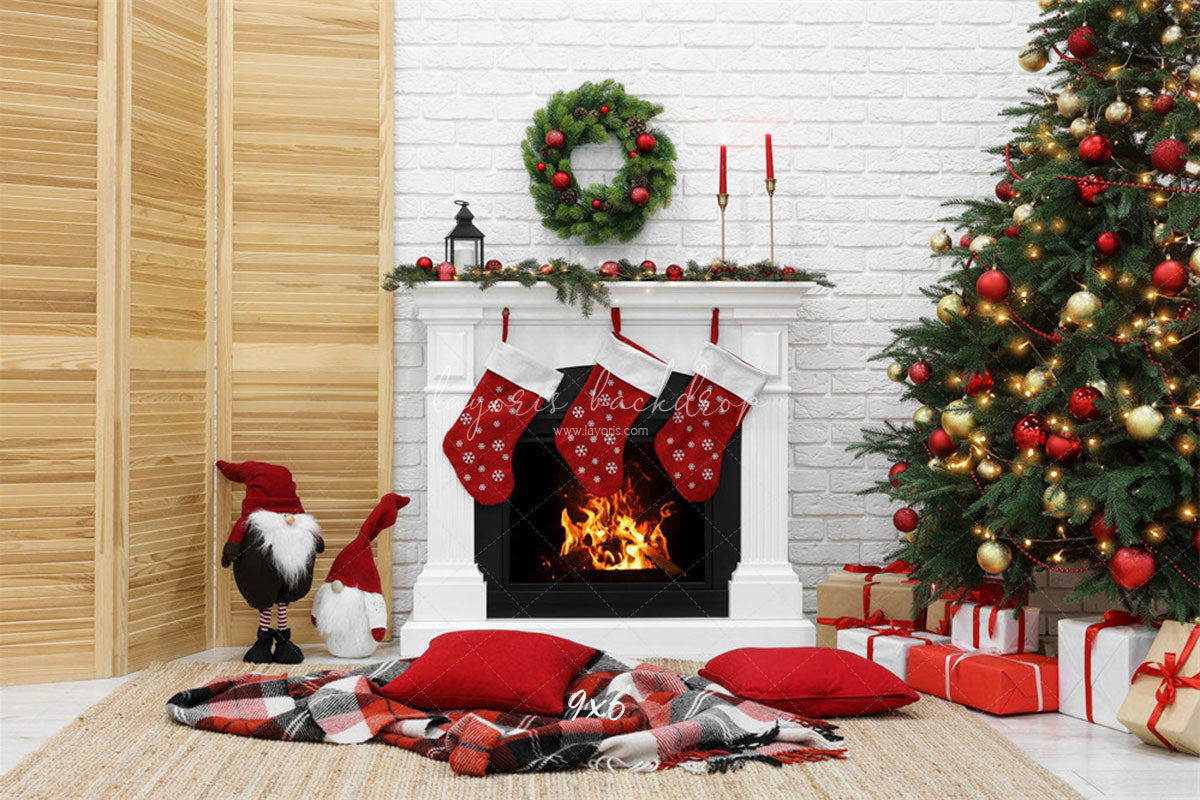 White Brick Wall Fireplace Christmas Backdrop - Layoris