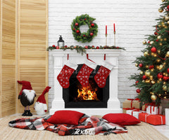 White Brick Wall Fireplace Christmas Backdrop - Layoris