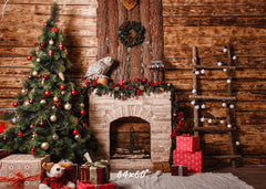 Wooden Ladder Fireplace Christmas Backdrop - Layoris