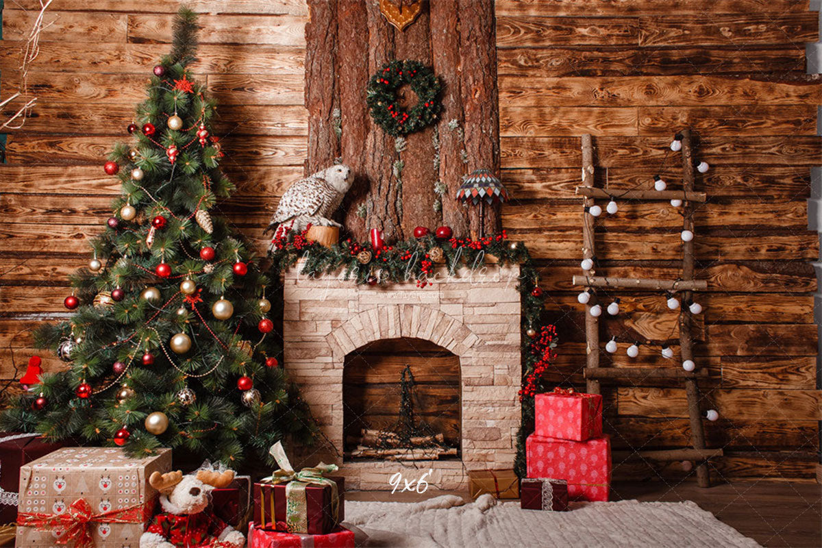 Wooden Ladder Fireplace Christmas Backdrop - Layoris