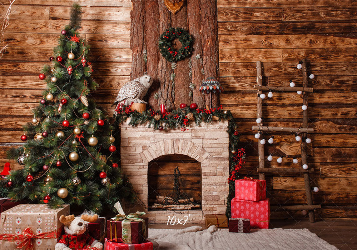Wooden Ladder Fireplace Christmas Backdrop - Layoris