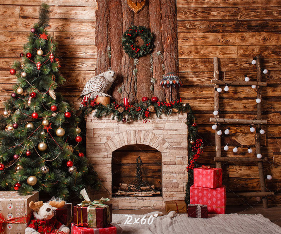 Wooden Ladder Fireplace Christmas Backdrop - Layoris