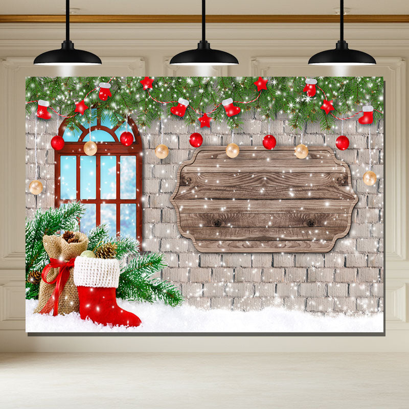 Layoris Brick Wall Window Christmas Backdrop