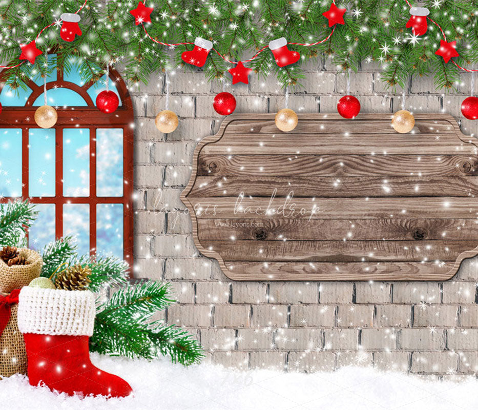 Brick Wall Window Christmas Backdrop - Layoris
