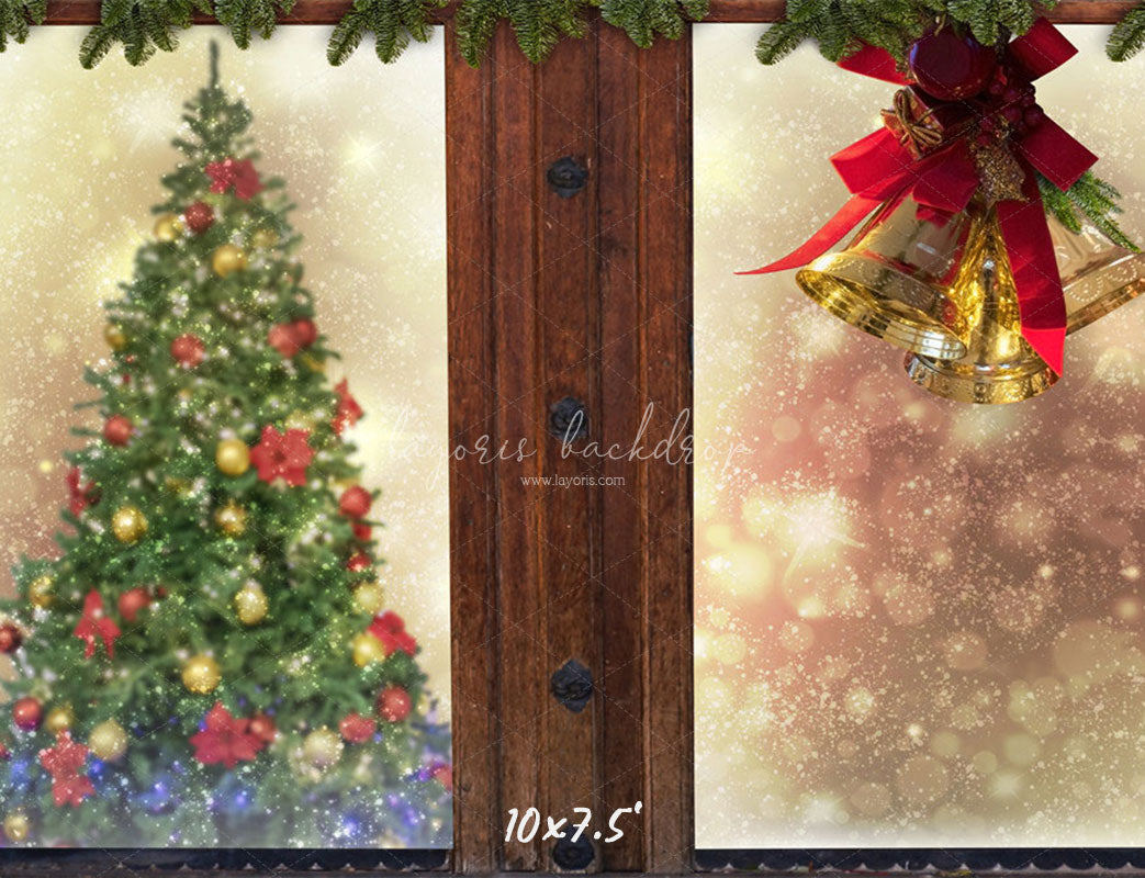 Wooden Window Bells Christmas Backdrop - Layoris