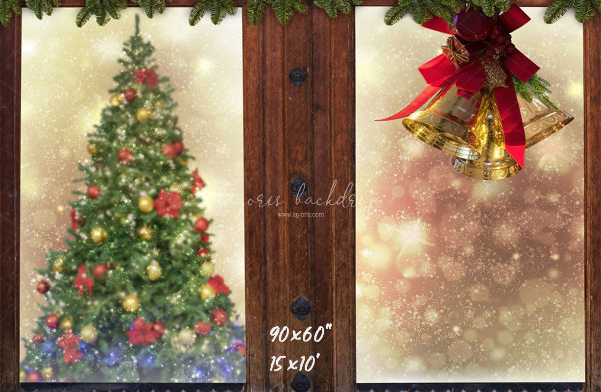 Wooden Window Bells Christmas Backdrop - Layoris