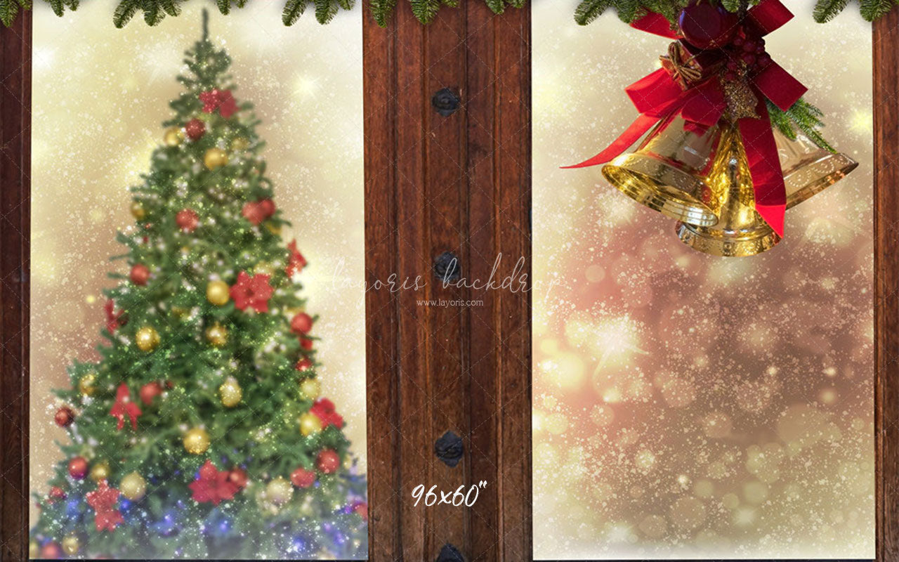 Wooden Window Bells Christmas Backdrop - Layoris