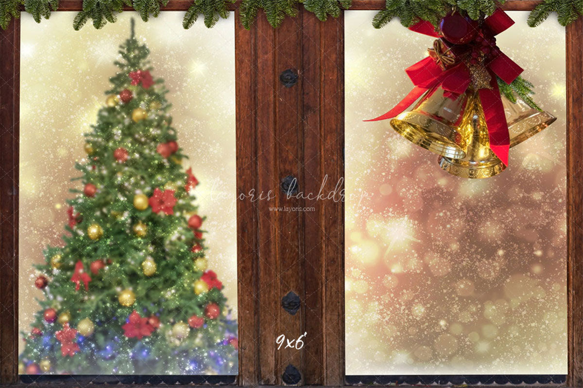 Wooden Window Bells Christmas Backdrop - Layoris
