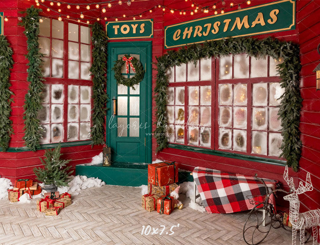 Red And Green Toy Store Christmas Backdrop - Layoris