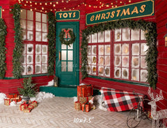 Red And Green Toy Store Christmas Backdrop - Layoris