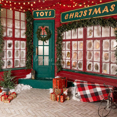 Red And Green Toy Store Christmas Backdrop - Layoris
