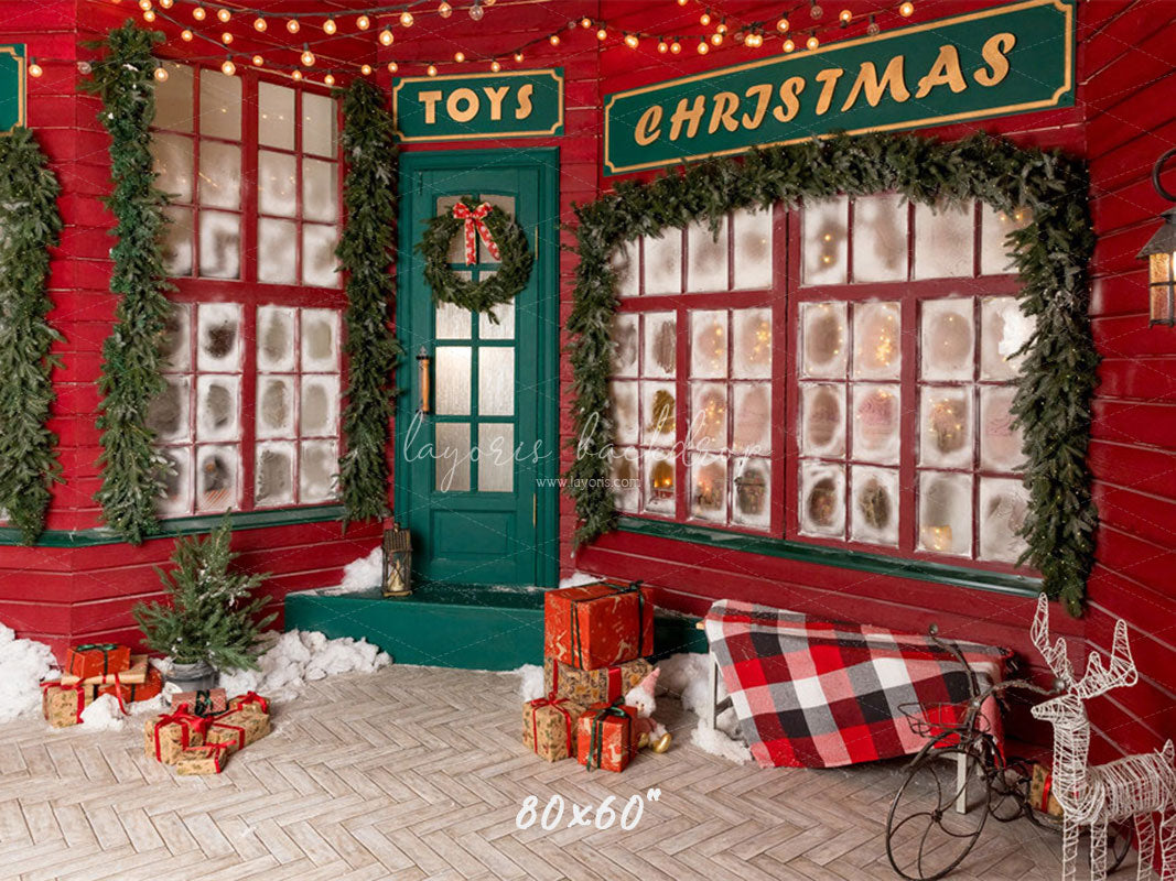 Red And Green Toy Store Christmas Backdrop - Layoris