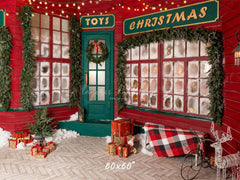 Red And Green Toy Store Christmas Backdrop - Layoris