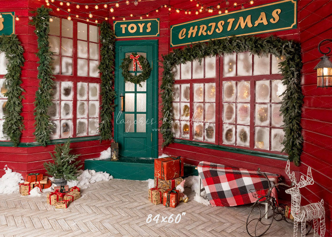 Red And Green Toy Store Christmas Backdrop - Layoris