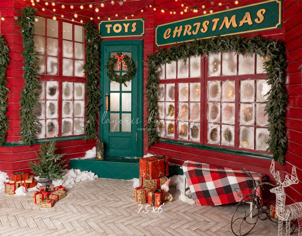 Red And Green Toy Store Christmas Backdrop - Layoris