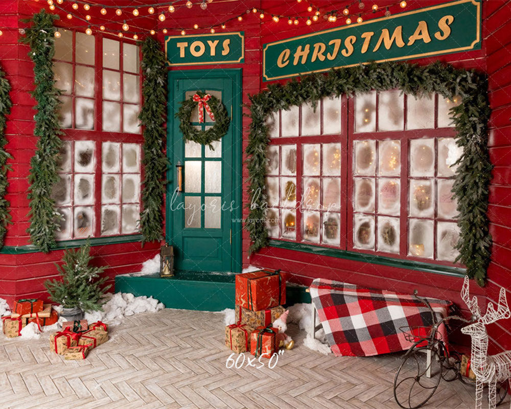 Red And Green Toy Store Christmas Backdrop - Layoris