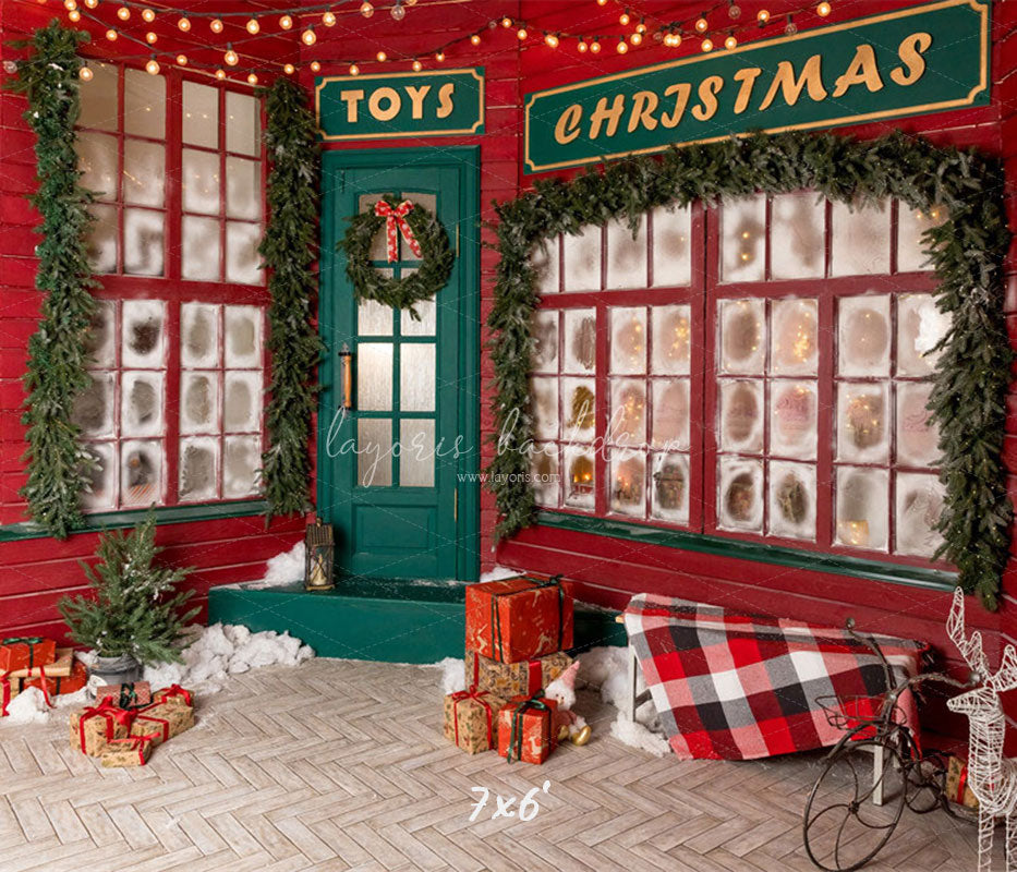 Red And Green Toy Store Christmas Backdrop - Layoris