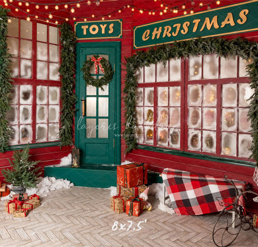 Red And Green Toy Store Christmas Backdrop - Layoris