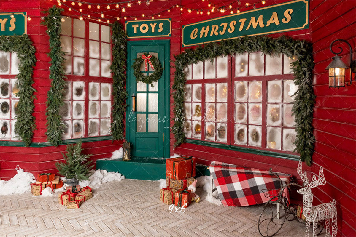 Red And Green Toy Store Christmas Backdrop - Layoris