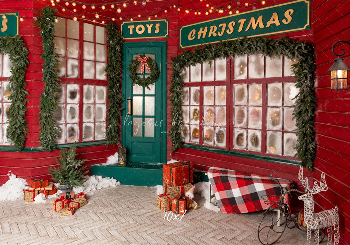 Red And Green Toy Store Christmas Backdrop - Layoris