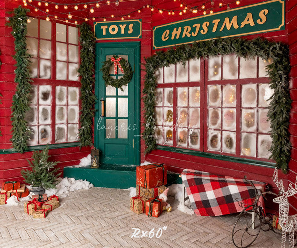 Red And Green Toy Store Christmas Backdrop - Layoris