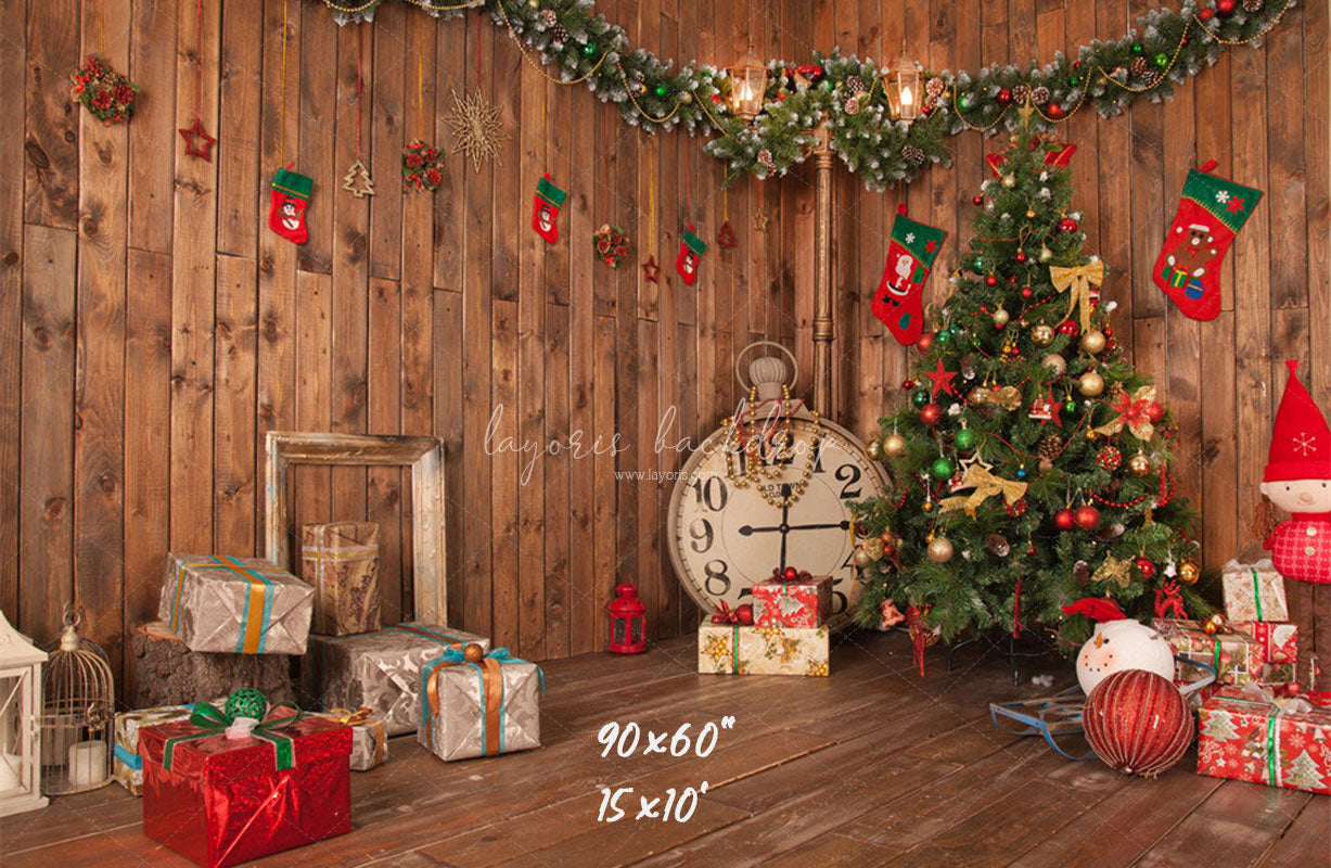 Wooden House Clock Socks Christmas Backdrop - Layoris