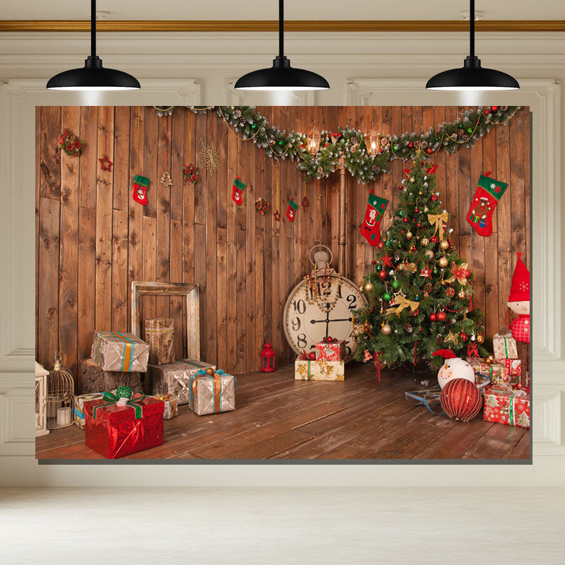 Layoris Wooden House Clock Socks Christmas Backdrop