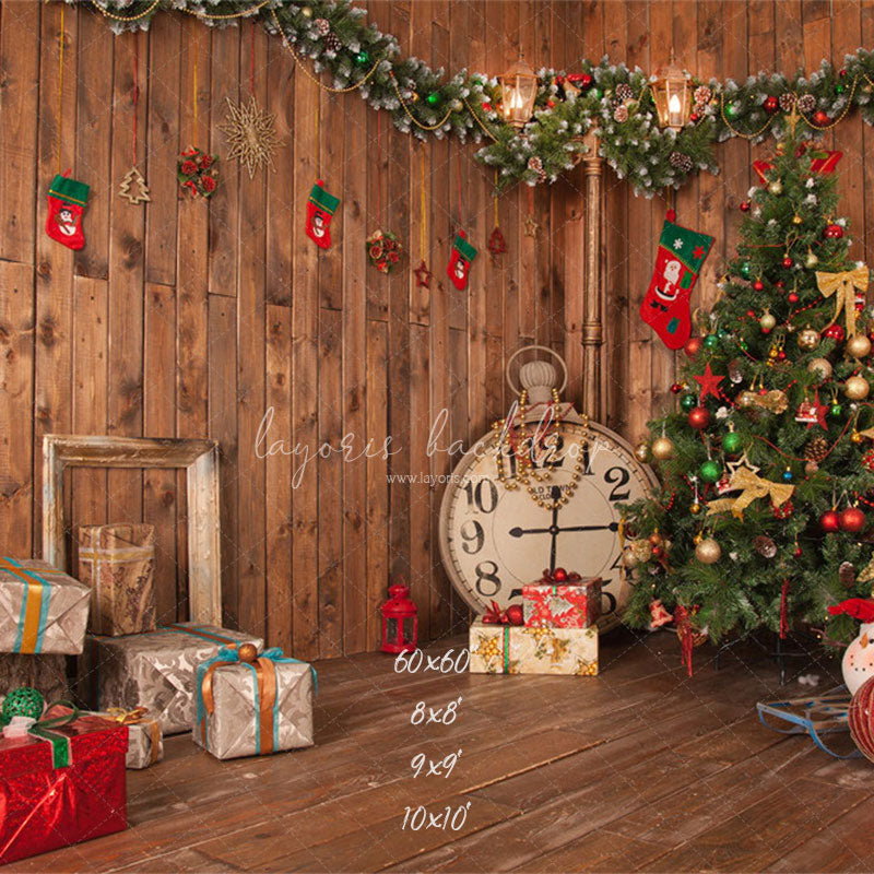 Wooden House Clock Socks Christmas Backdrop - Layoris