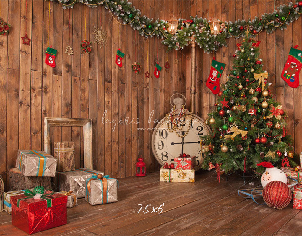 Wooden House Clock Socks Christmas Backdrop - Layoris