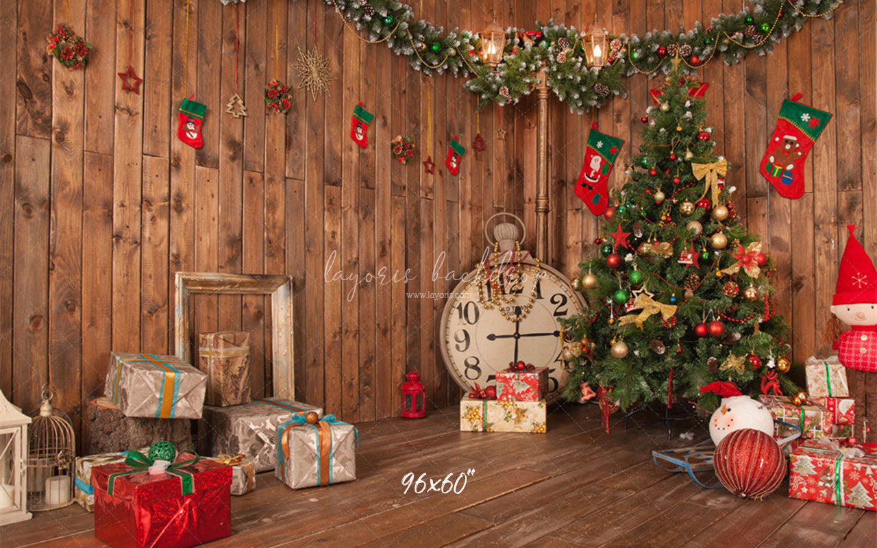 Wooden House Clock Socks Christmas Backdrop - Layoris