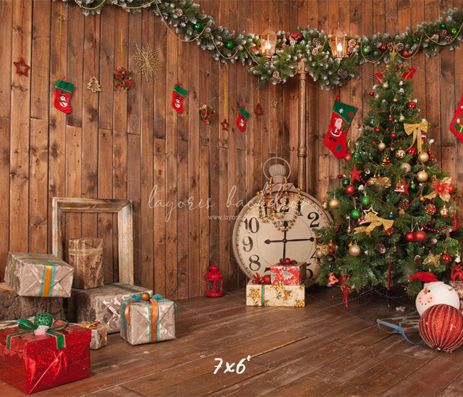 Wooden House Clock Socks Christmas Backdrop - Layoris
