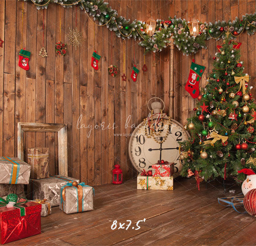 Wooden House Clock Socks Christmas Backdrop - Layoris