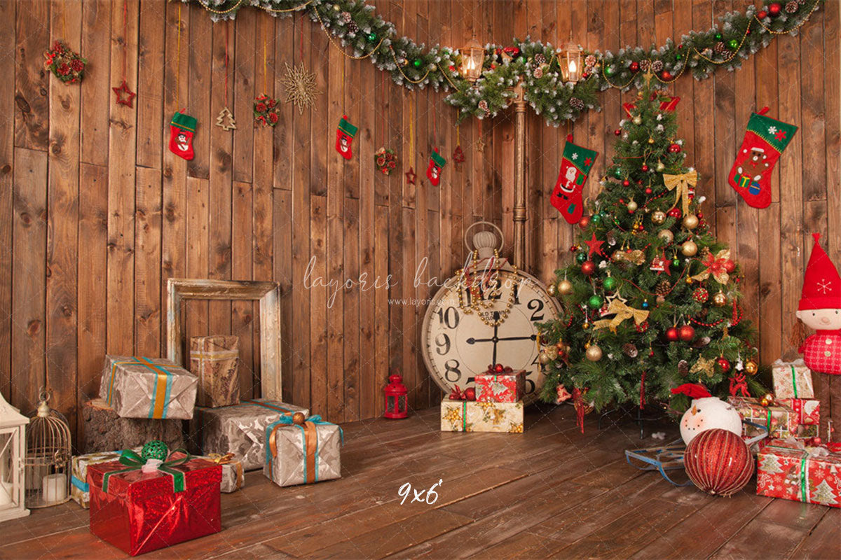 Wooden House Clock Socks Christmas Backdrop - Layoris