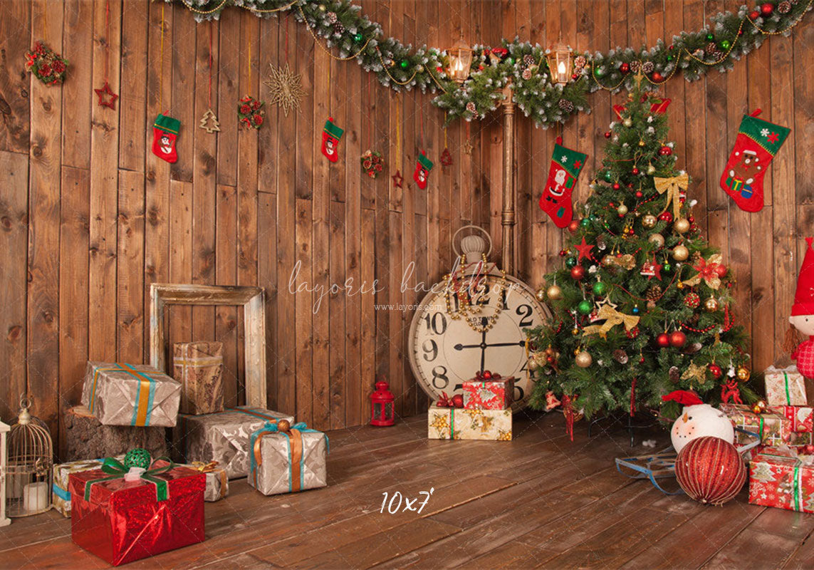 Wooden House Clock Socks Christmas Backdrop - Layoris