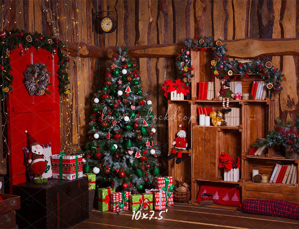 Wooden House Red Door Christmas Backdrop - Layoris